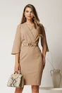 Rochie midi bej din stofa cu maneci tip lalea si curea in talie, 1, dyfashion.ro