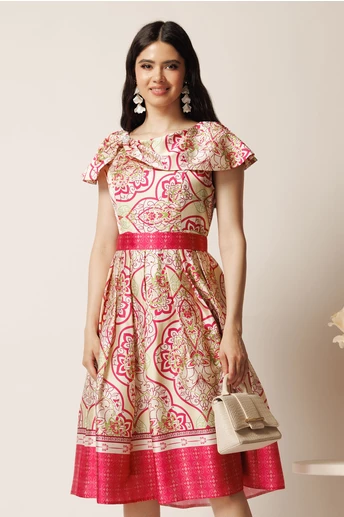 Rochie midi bej din tafta in clos cu imprimeuri fucsia si cordon in talie
