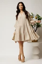 Rochie midi bej din tencel creponat cu croi tip A si nasturi la bust, 3, dyfashion.ro