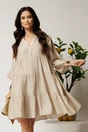 Rochie midi bej din tencel creponat cu croi tip A si nasturi la bust, 1, dyfashion.ro
