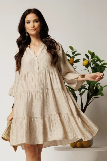 Rochie midi bej din tencel creponat cu croi tip A si nasturi la bust