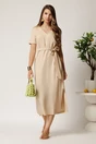 Rochie midi bej din tencel cu croi drept si cordon in talie, 3, dyfashion.ro