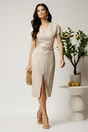 Rochie midi bej din viscoza cu aspect sidefat si curea in talie, 3, dyfashion.ro