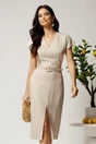 Rochie midi bej din viscoza cu aspect sidefat si curea in talie, 1, dyfashion.ro