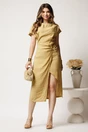 Rochie midi bej din viscoza cu aspect sifonat si funda pe fusta, 3, dyfashion.ro