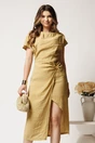 Rochie midi bej din viscoza cu aspect sifonat si funda pe fusta, 1, dyfashion.ro