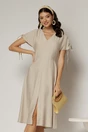 Rochie midi bej din viscoza cu decolteu V si snur la maneci, 1, dyfashion.ro