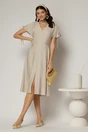 Rochie midi bej din viscoza cu decolteu V si snur la maneci, 3, dyfashion.ro