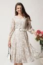 Rochie midi bej din voal in clos cu imprimeuri si curea in talie, 1, dyfashion.ro