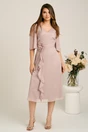 Rochie midi bej din voal in clos cu insertii din fir lurex si floare in talie-Viada, 4, dyfashion.ro