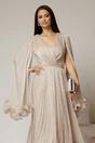 Rochie midi bej din voal satinat in clos cu maneci ample si curea din strasuri in talie, 3, dyfashion.ro