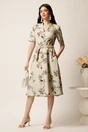 Rochie midi bej in clos cu imprimeuri maro si cordon in talie, 3, dyfashion.ro