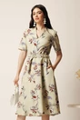 Rochie midi bej in clos cu imprimeuri maro si cordon in talie, 1, dyfashion.ro
