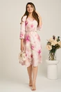 Rochie midi bej in clos din stofa cu flori fucsia si curea in talie, 4, dyfashion.ro
