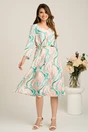 Rochie midi bej in clos din stofa cu imprimeuri verzi si curea in talie, 4, dyfashion.ro