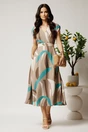 Rochie midi bej in clos din tencel cu imprimeu turcoaz si curea in talie, 3, dyfashion.ro