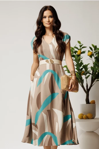 Rochie midi bej in clos din tencel cu imprimeu turcoaz si curea in talie