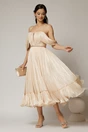 Rochie midi bej in clos din voal satinat cu aplicatii cazute pe umeri, 3, dyfashion.ro