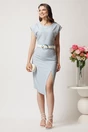 Rochie midi bleu conica cu imprimeuri bej si curea in talie, 3, dyfashion.ro