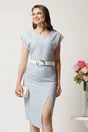 Rochie midi bleu conica cu imprimeuri bej si curea in talie, 1, dyfashion.ro