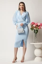 Rochie midi bleu conica cu margele la decolteu si curea in talie, 3, dyfashion.ro