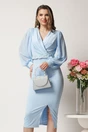 Rochie midi bleu conica cu margele la decolteu si curea in talie, 1, dyfashion.ro
