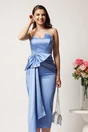 Rochie midi bleu conica din tafta cu funda in talie, 1, dyfashion.ro