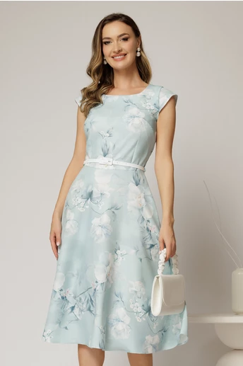 Rochie midi bleu cu flori in clos cu buzunare si curea in talie
