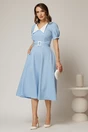 Rochie midi bleu cu guler alb in contrast si cordon cu insertii, 3, dyfashion.ro