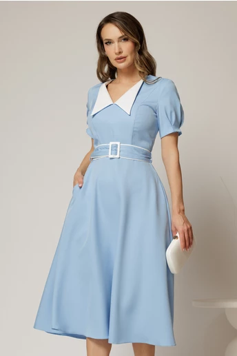 Rochie midi bleu cu guler alb in contrast si cordon cu insertii