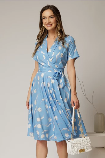 Rochie midi bleu cu imprimeu cu aspect petrecut si cordon in talie