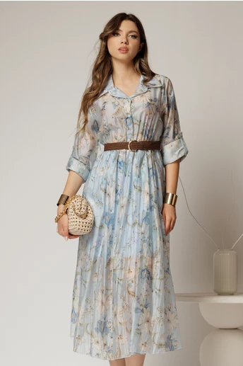 Rochie midi bleu cu imprimeuri din tencel