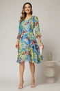 Rochie midi bleu cu imprimeuri din voal cu croi lejer si decolteu in V, 3, dyfashion.ro