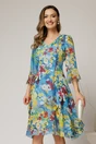 Rochie midi bleu cu imprimeuri din voal cu croi lejer si decolteu in V, 1, dyfashion.ro