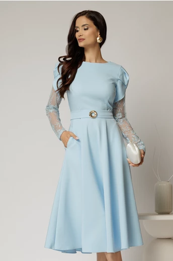 Rochie midi bleu cu maneci din dantela si cordon detasabil