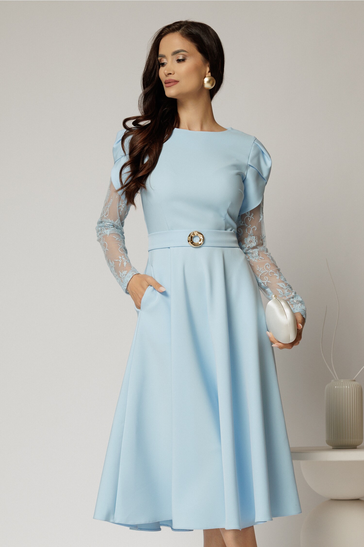 Rochie midi bleu cu maneci din dantela si cordon detasabil