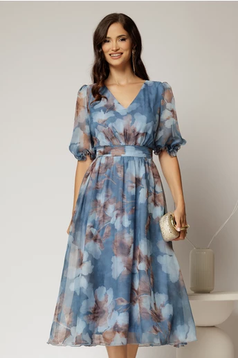 Rochie midi bleu de ocazie cu imprimeuri bej si decolteu V
