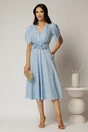 Rochie midi bleu de ocazie cu pliuri pe bust si cordon detasabi cu flori, 3, dyfashion.ro