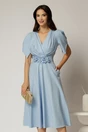Rochie midi bleu de ocazie cu pliuri pe bust si cordon detasabi cu flori, 1, dyfashion.ro