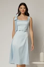 Rochie midi bleu de ocazie din satin cu perle la decolteu, 1, dyfashion.ro