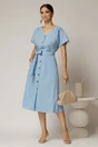 Rochie midi bleu de zi din in tip camasa cu manecile scurte, 3, dyfashion.ro