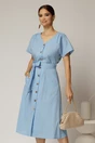 Rochie midi bleu de zi din in tip camasa cu manecile scurte, 1, dyfashion.ro