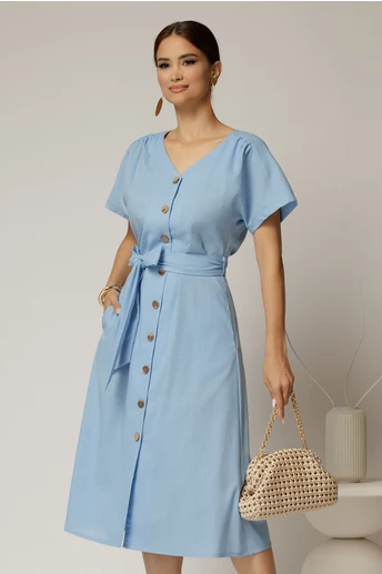 Rochie midi bleu de zi din in tip camasa cu manecile scurte