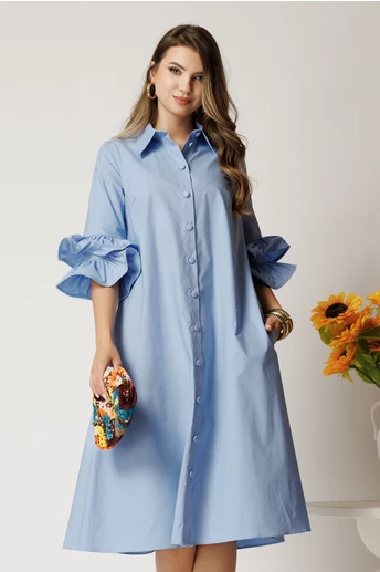 Rochie midi bleu din bumbac tip camasa cu croi A