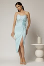 Rochie midi bleu din dantela cu crepeu si detaliu amplu in talie, 3, dyfashion.ro