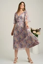 Rochie midi bleu din matase naturala cu imprimeuri florale lila- Viada, 4, dyfashion.ro