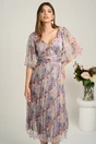 Rochie midi bleu din matase naturala cu imprimeuri florale lila- Viada, 1, dyfashion.ro