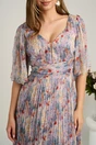 Rochie midi bleu din matase naturala cu imprimeuri florale lila- Viada, 3, dyfashion.ro