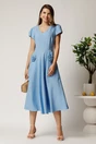 Rochie midi bleu din material fluid in clos cu trandafiri pe buzunare, 3, dyfashion.ro