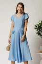 Rochie midi bleu din material fluid in clos cu trandafiri pe buzunare, 1, dyfashion.ro